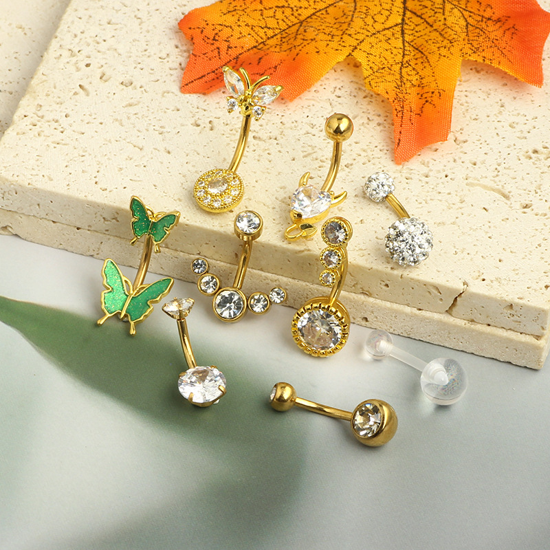 Wholesale Rose Gold Set Butterfly Stainless Steel Diamond CZ Flower Navel Ring Belly Button Piercing Jewelry 9-Piece detail image 10