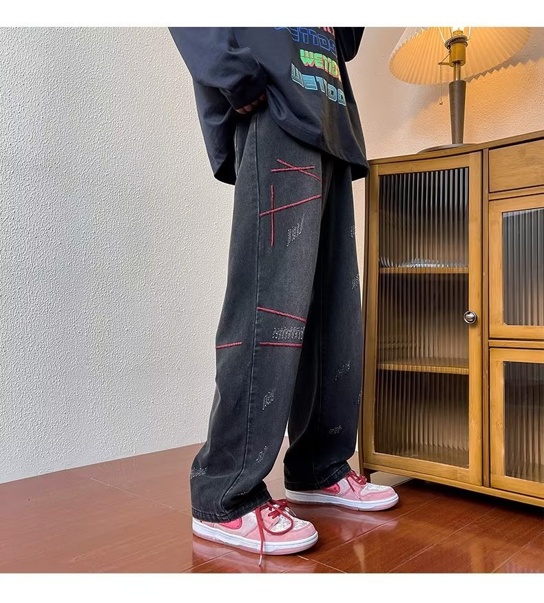Men's Vintage Washed Denim Straight Leg Jeans Hip-Hop Style Cargo Pockets Streetwear Pants_mkmklike.com