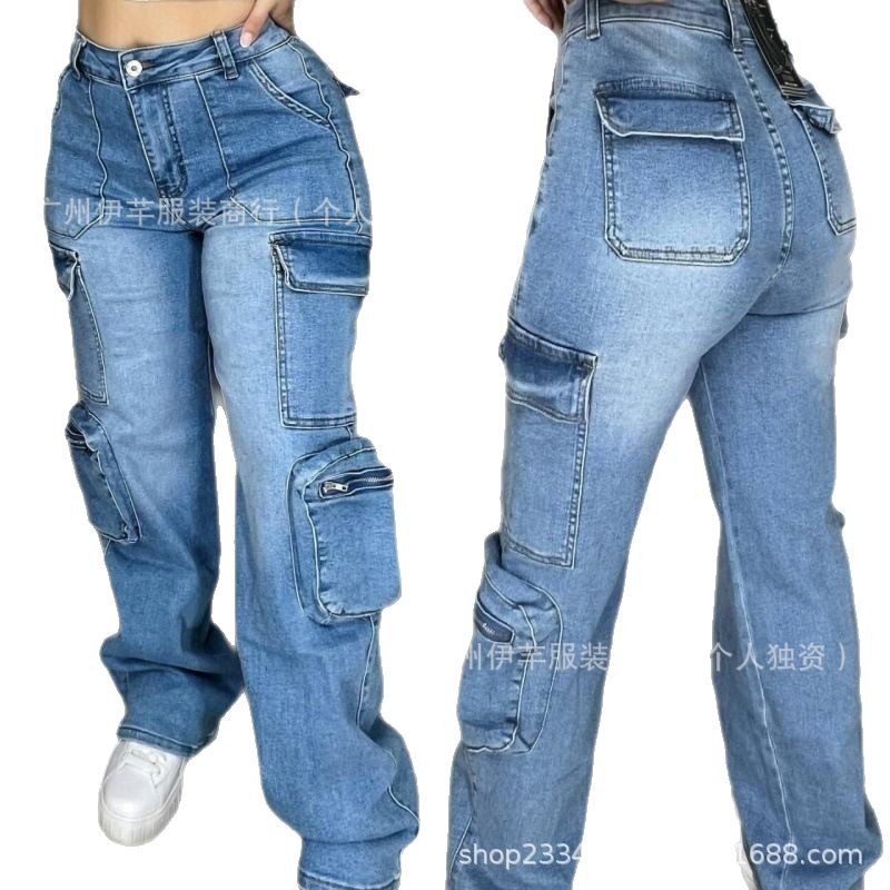 여성화물 청바지 여성용 멀티 포켓 바지