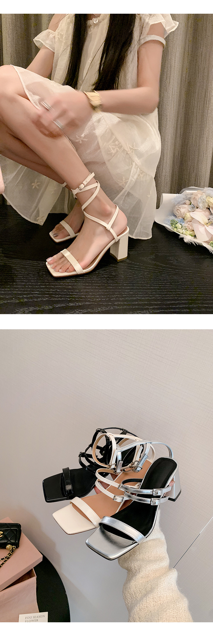 Sandal cao gót nữ hở mũi quai chân phong cách tiên nữ gót thô — Màu đen chi tiết 27