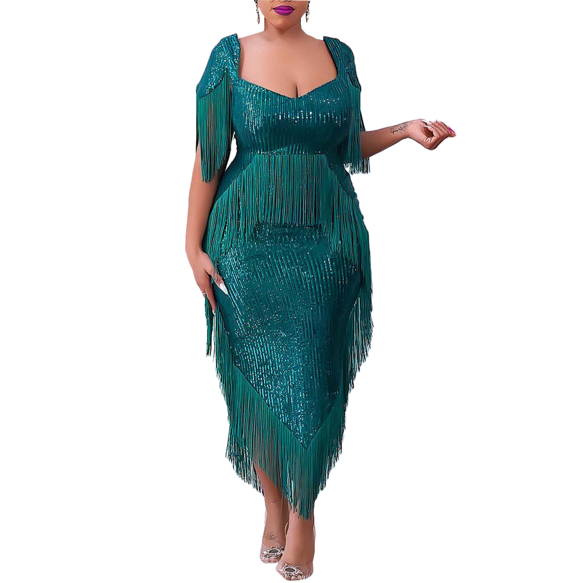 Elegant Women's Evening Dress With Sequins And Tassels For Party_voghion.com