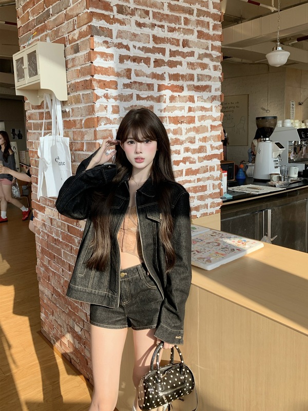 2025 New Design Lapel Zipper Long-Sleeve Jacket Women's Early Autumn High-Waisted Slimming Jeans Shorts Set