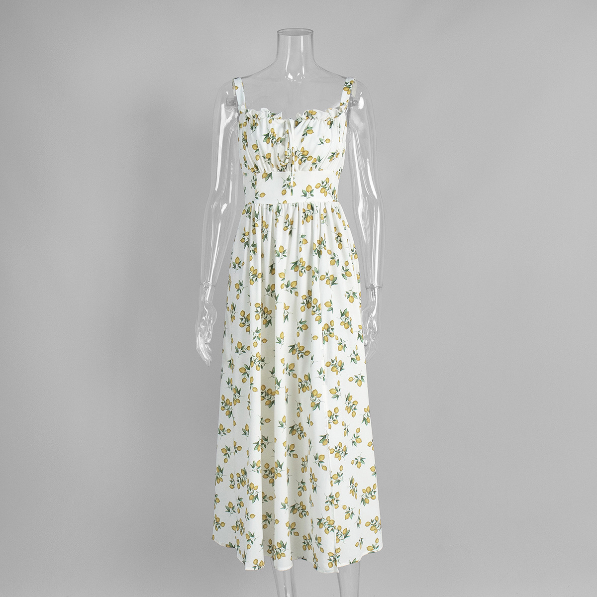 Cross-Border Floral Strap European And American 2025 Summer New Low Neck Tie Slit High Waist Printed Dress_ecoleips.com