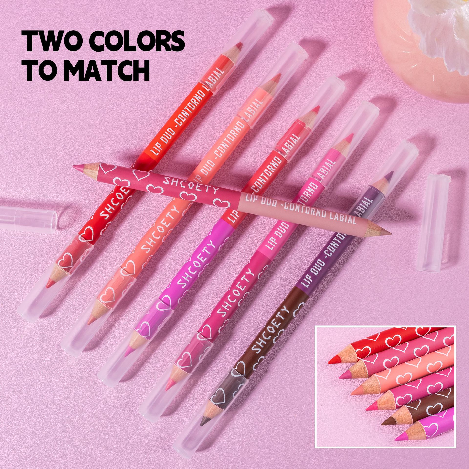 SHCOETY Cross-border double-headed dual-color wooden lip liner pen matte, long-lasting, easy to color, non-stick to cups, outlining pen makeup undefined