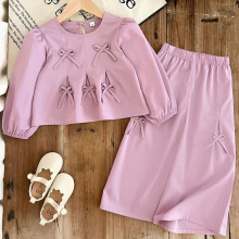 女童秋季新款长袖上衣喇叭裤套装草莓印花蝴蝶结热销韩版洋气欧美