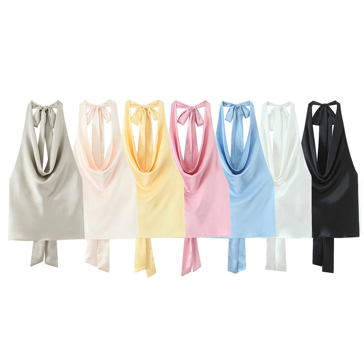 Women's Sexy Backless Bow Halter Neck Satin Top Summer New_ecoleips.com