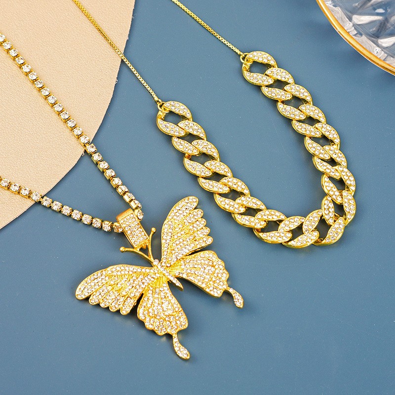 Cuban Link Butterfly Pendant Necklace Full Diamond Street Style_voghion.com
