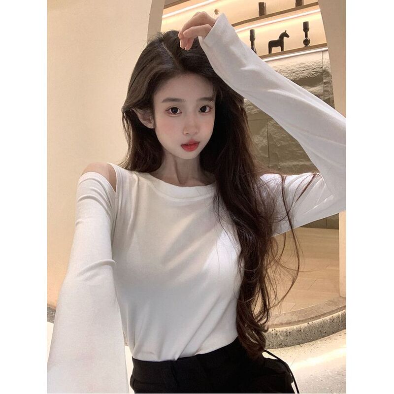 Trendy Niche Off-Shoulder Long-Sleeve Women's T-Shirt 2025 Early Autumn New Stylish Inner and Outer Wear Base Shirt