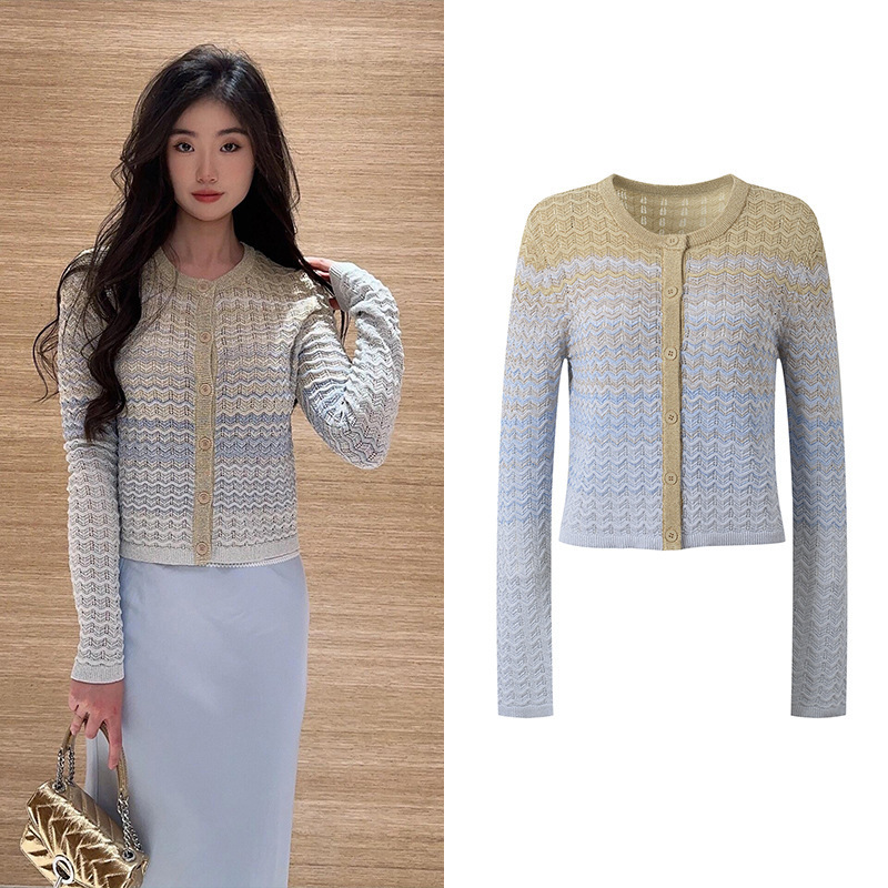 2026 Spring New Design Gradient Color Wavy Pattern Round Neck Single-Breasted Knitted Cardigan Elegant Versatile Top 2026 Spring New Design Gradient Color Wavy Pattern Round Neck Single-Breasted Knitted Cardigan Elegant Versatile Top