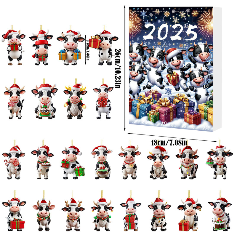 跨境2025圣诞降临倒计时盲盒 圣诞老人奶牛农场挂件圣诞树装饰品|undefined
