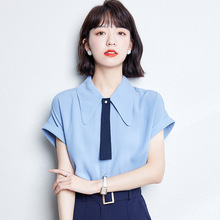 实拍蓝色雪纺衫女夏季短袖2022新款领带设计感小众衬衣上衣