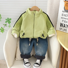 冬季加厚加絨拉鏈休閒上衣加厚保暖牛仔長褲日常穿搭兩件套廠批發