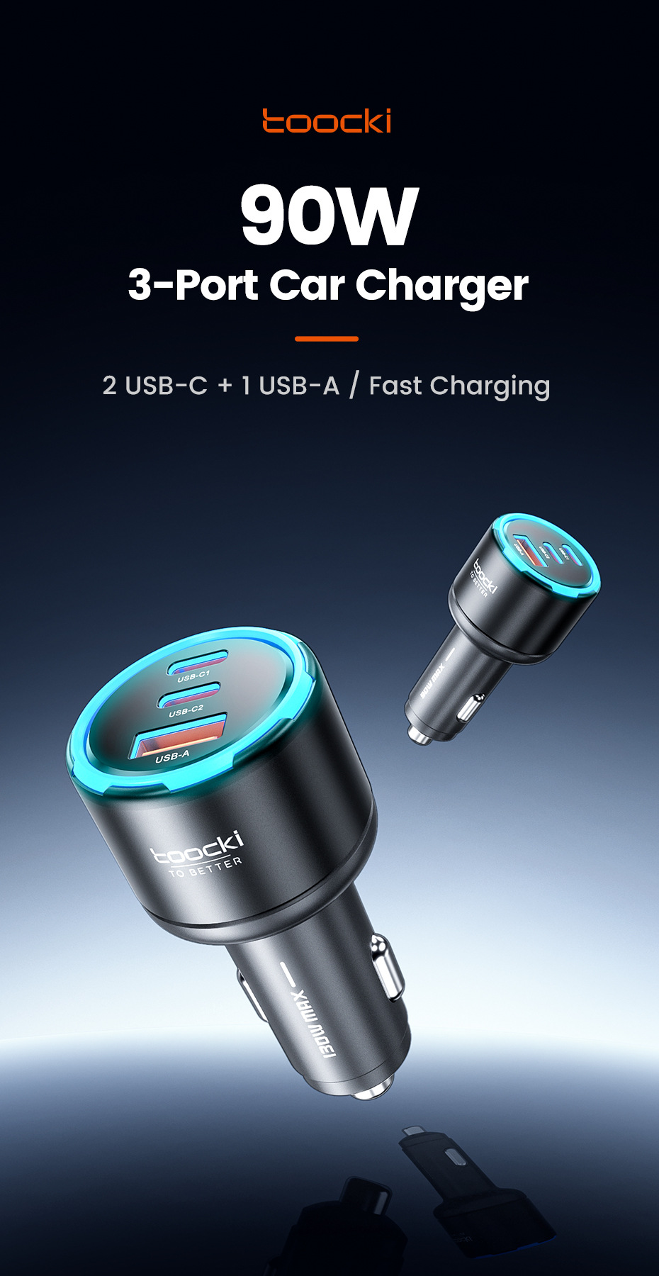 Toocki Cross-Border 90W Ambient Light Three-In-One Super Fast Charging Charger Car Cigarette Lighter Charging Head