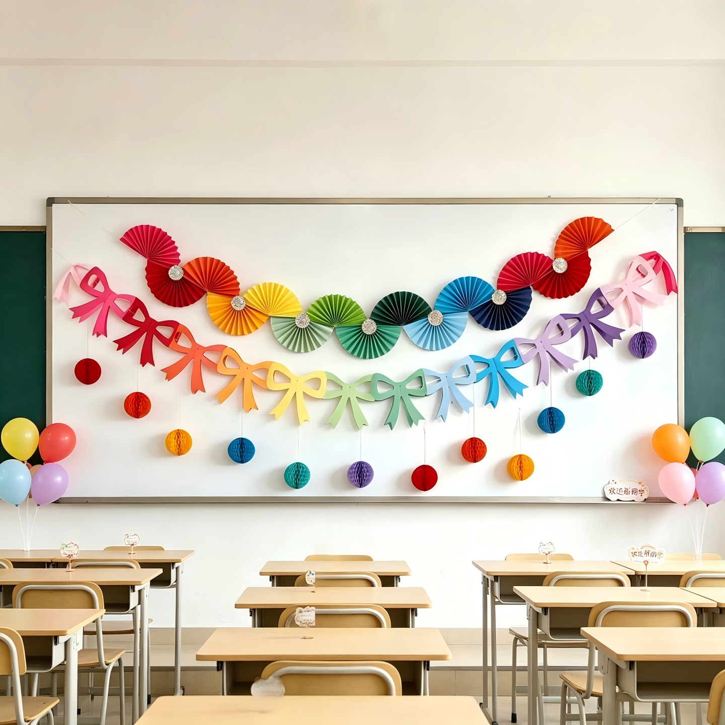 元旦幼儿园教室场景布置拉花彩带装饰纸扇蜂窝球灯笼挂饰生日装饰