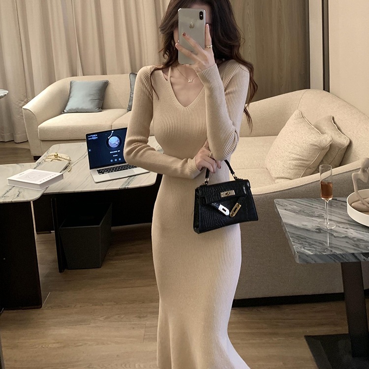秋冬装长款过膝百搭连衣裙针织纯色针织衫修身内搭女收腰毛衣裙子|undefined