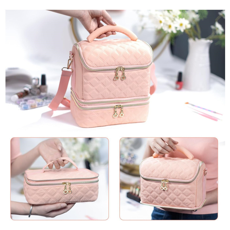 Bolsa de almacenamiento de esmalte de uñas de tres capas de gran capacidad bolsa de maquillaje profesional de belleza bordada manicura kit portátil