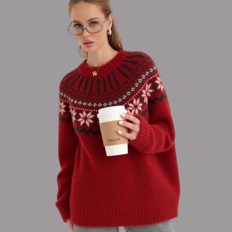 Retro Jacquard Christmas Red Fair Isle Sweater for Women, Loose Pullover, Autumn and Winter Lazy Knitwear, Versatile Women's Clothing