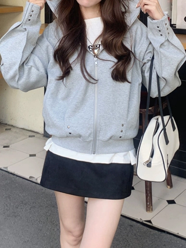 槿一 设计感铆钉宽松连帽卫衣外套女早秋季新款美式开衫上衣慵懒|undefined