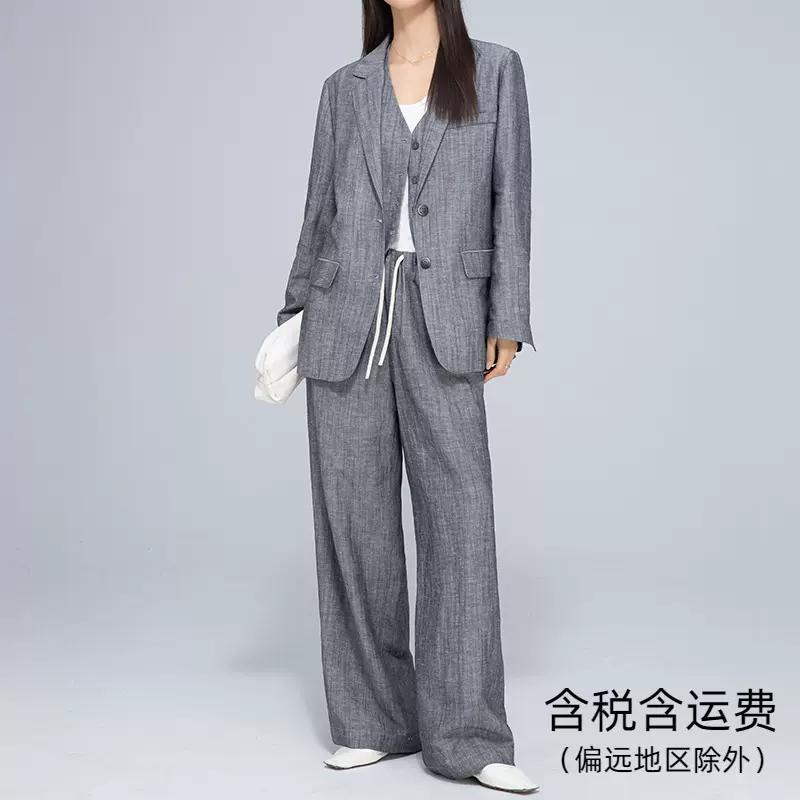 鑫阁老钱风休闲套装女春夏新款天丝亚麻时尚西装马甲阔腿裤三件套