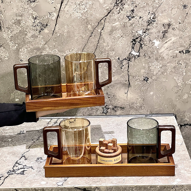 中式复古木柄高级感木质托盘刷牙杯漱口杯扩香器情侣对杯|undefined