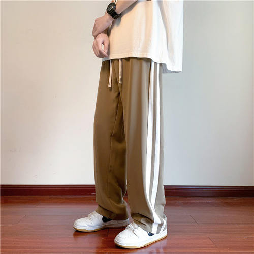 Striped Ice Silk Men's Summer Thin Hong Kong Style Straight Leg Casual Pants Oversize Loose Fit Wide Leg Long Pants
