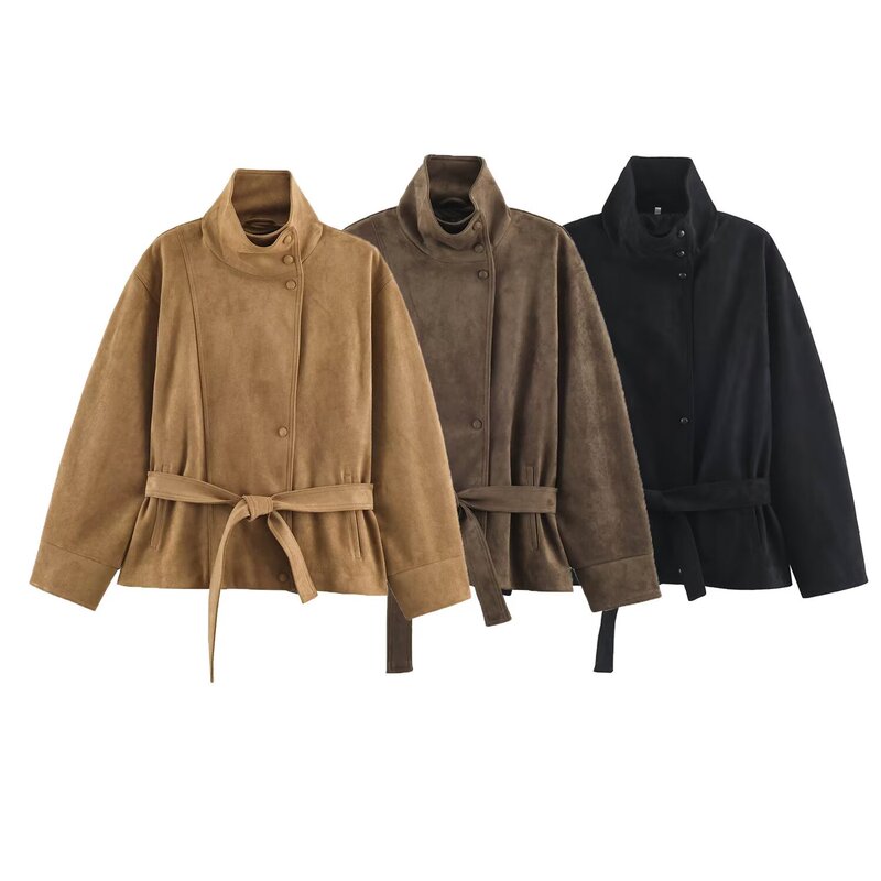 PB&ZA Women's Clothing 2026 Autumn New Collection British Style Suede Effect Coat with Belt 4344650