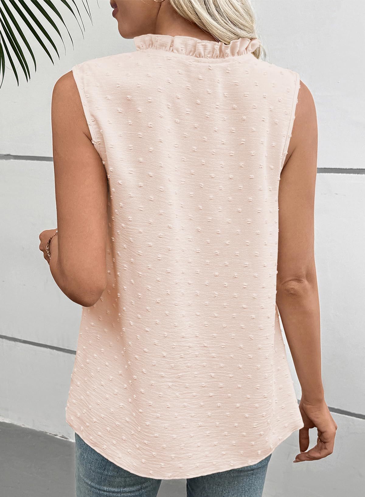 Women's Swiss Dot Lace Trim Sleeveless V-Neck Blouse, Relaxed Fit Breathable Top For Casual & Office Wear_ecoleips.com