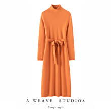 气质狂加分！系带加厚高领羊绒衫女长款连衣裙纯羊绒毛衣针织裙子