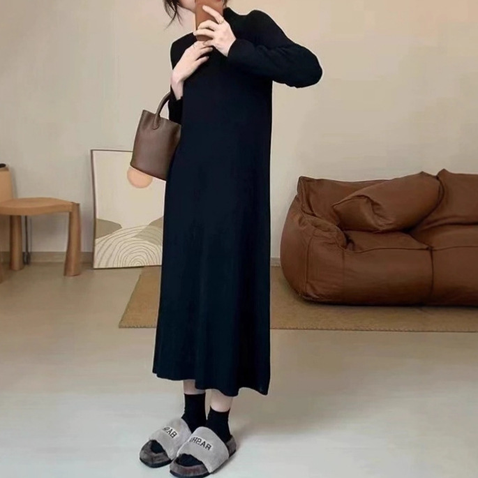 韩版宽松遮肉百搭针织连衣裙女秋冬新款时尚减龄休闲打底毛衣长裙|undefined