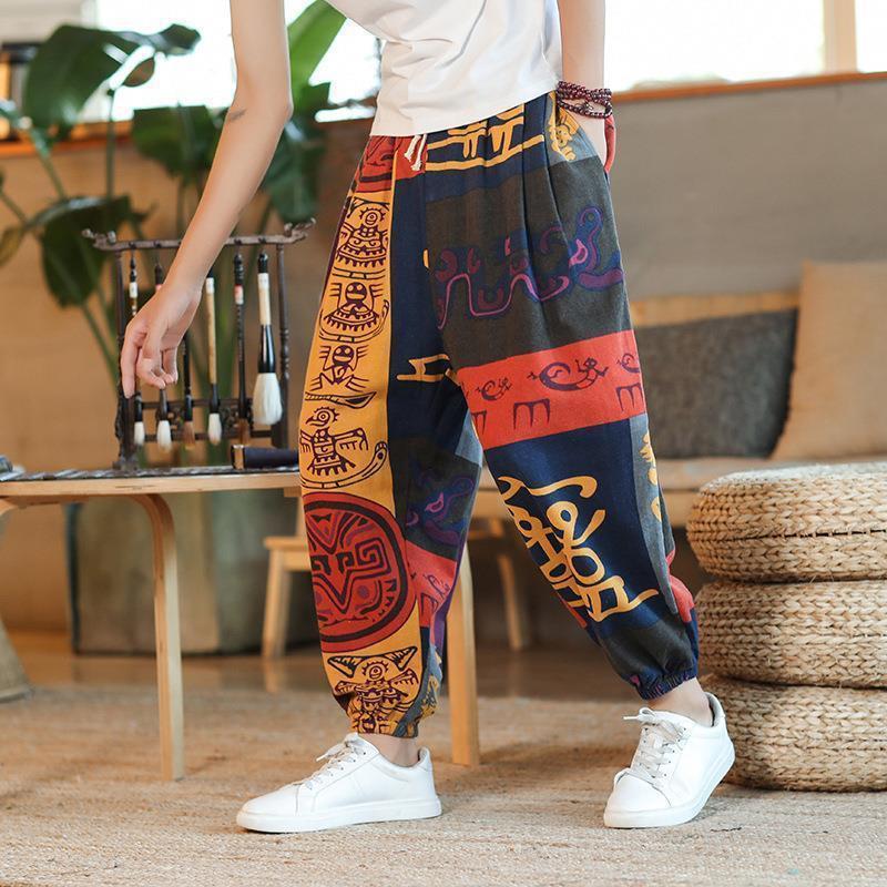 Pantalones de nueve puntos Harlan con estampado de lino y algodón suelto para hombres de estilo chino de verano, pantalones deportivos casuales de moda de gran tamaño