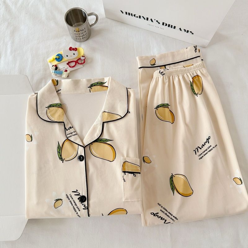 Pijamas al por mayor transfronterizos de algodón de mujer cardigan de otoño con solapa de mangas largas pantalones simples y cómodos set de ropa de hogar suelta