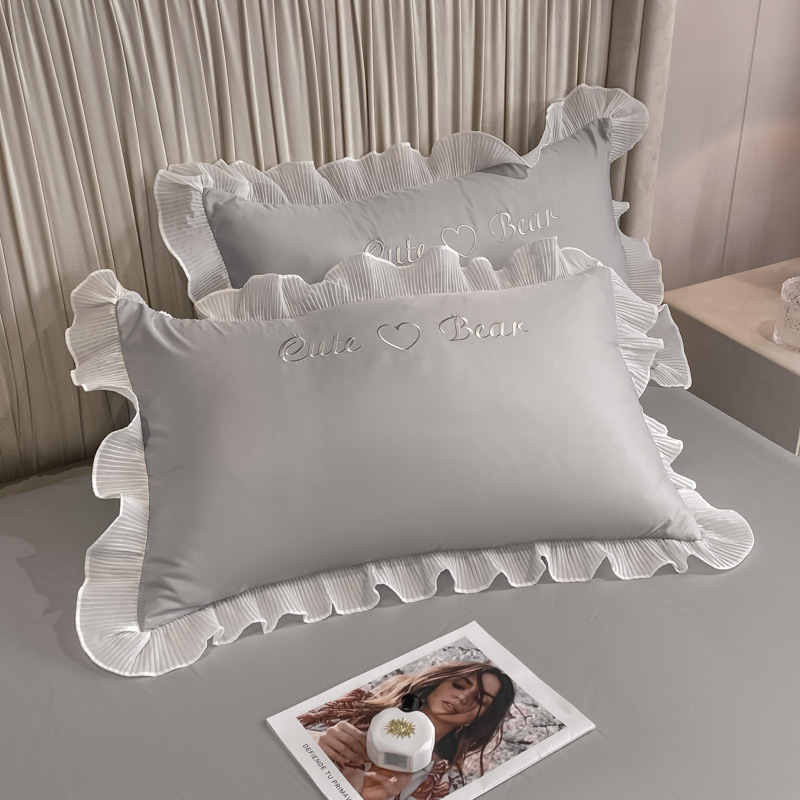 Funda de almohada de seda de hielo de verano estilo princesa, un par de fundas de almohada de encaje lavables, estilo fresco de verano 48cm x 74cm