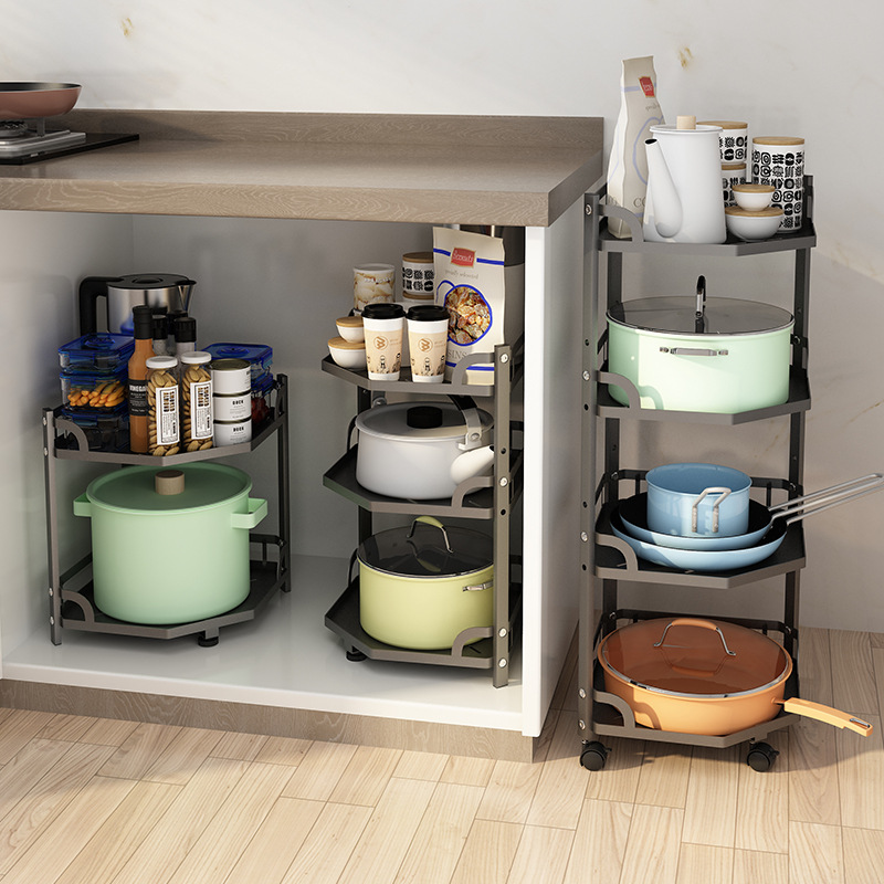 Kitchen Cookware Storage Rack Countertop Corner Spice Rack Household Floor Wheel Multi-Layer Storage Pot Storage Lower Sink Rack