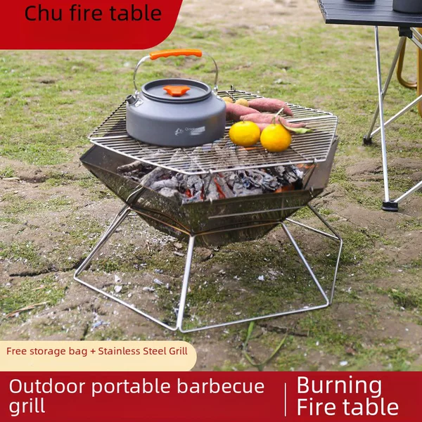 Outdoor Camping Campfire Fire Table Stainless Steel Firewood Barbecue Rack Hexagonal Wood Carbon Heating Firewood Stove