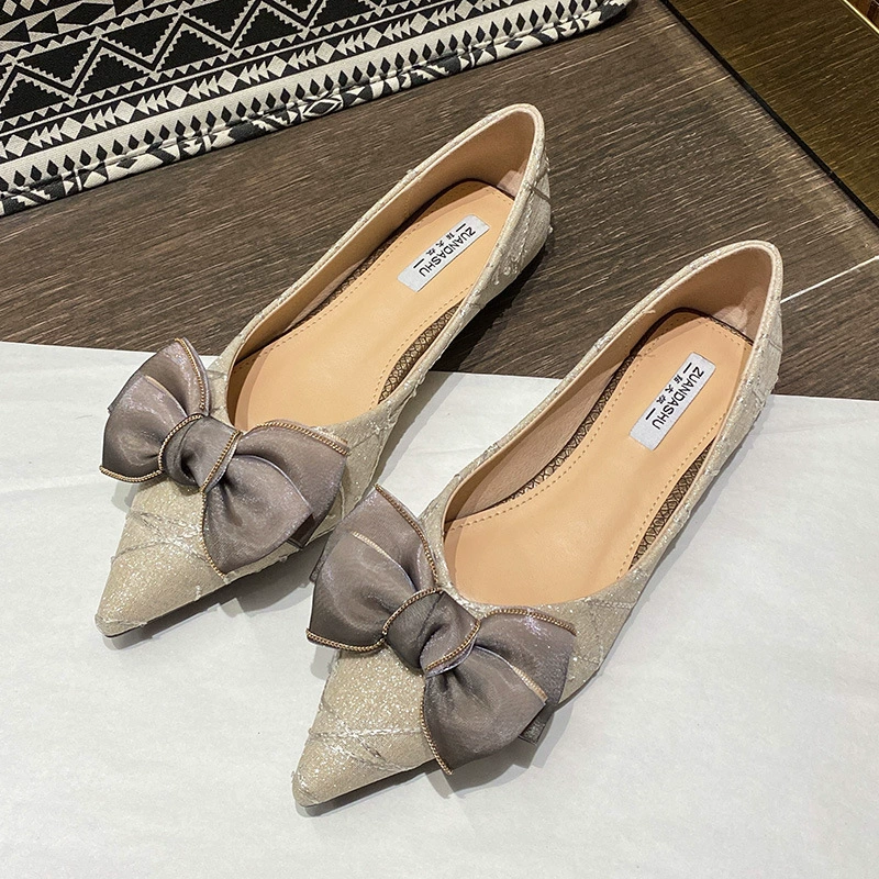 2024 новый стиль бант остроконечная одиночная обувь женские дикие цепи плоские туфли обувь обувь большого размера женская обувь 41 один 43