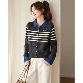 2026年春季新款韩系女装简约撞色条纹假两件拼接长袖针织开衫上衣