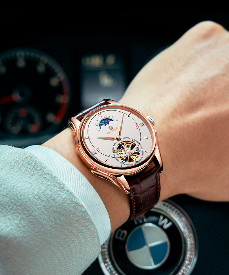 Đồng hồ cơ nam automatic lộ máy tourbillon vỏ hồng trắng dây da cà phê — Vỏ hồng trắng da cà phê chi tiết 10