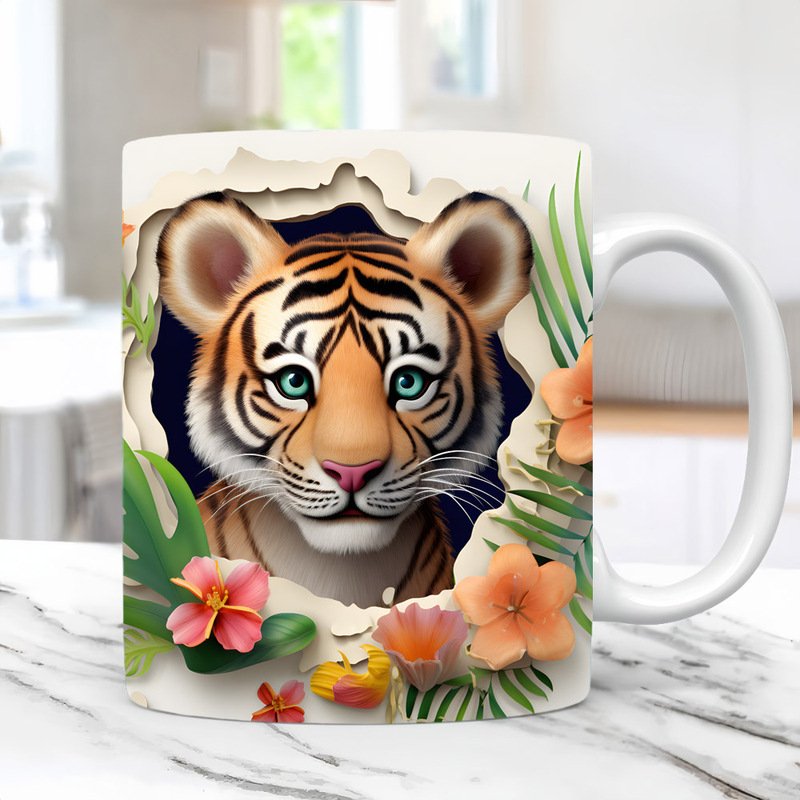 Cross-Border 3D Cute Tiger Mug Cat Animal Coffee Cup Bookshelf Cup 12 Zodiac Milk Cup Holiday Gift