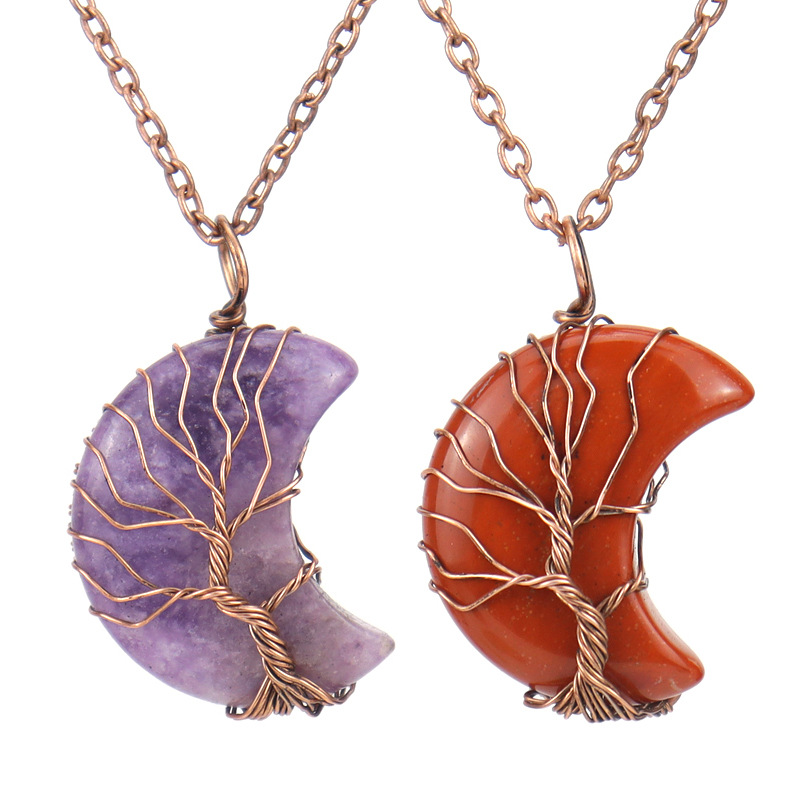 Moon, Tree Pattern Simple Style Moon Tree Natural Stone Copper Pendant Necklace In Bulk