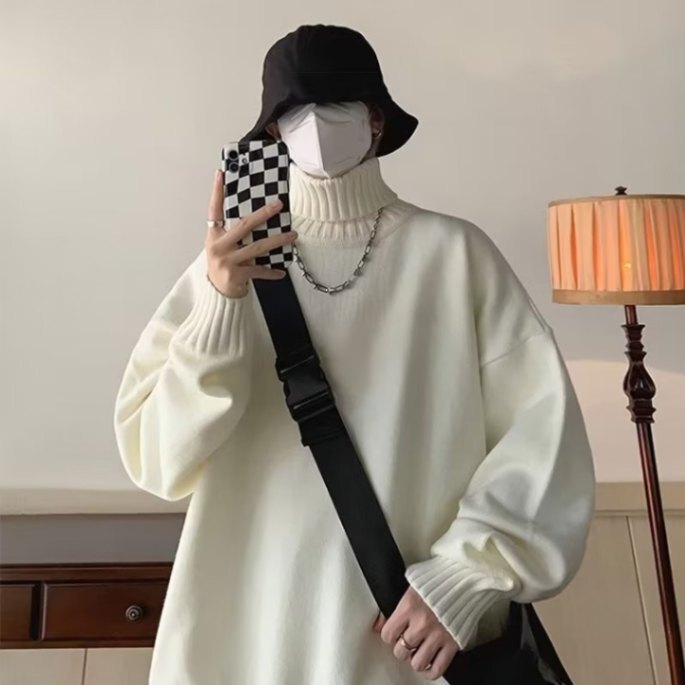 Hong Kong Style Trendy Versatile Turtleneck Solid Color Sweater Autumn and Winter New Men's Japanese Style Trendy Brand Loose Fit Knitted Sweater