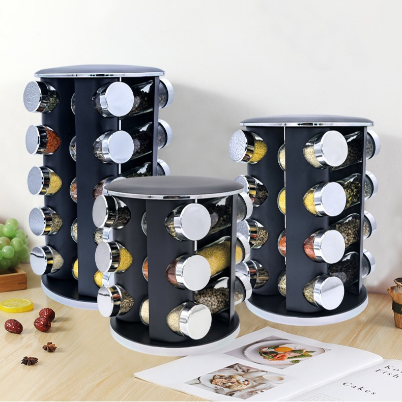 Nuevo transfronterizo especial 360 condimento giratorio condimento ligero de lujo plateado condimento de cocina redondo condimento tanque de condimento conjunto de rack