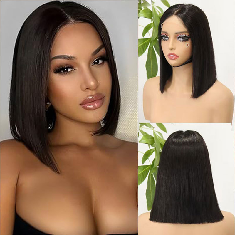 Fashion Hair Cross-Border 4X4 Lace Inner Net Human Hair Headgear Medium Parted Wig Women's Short Straight Bob
