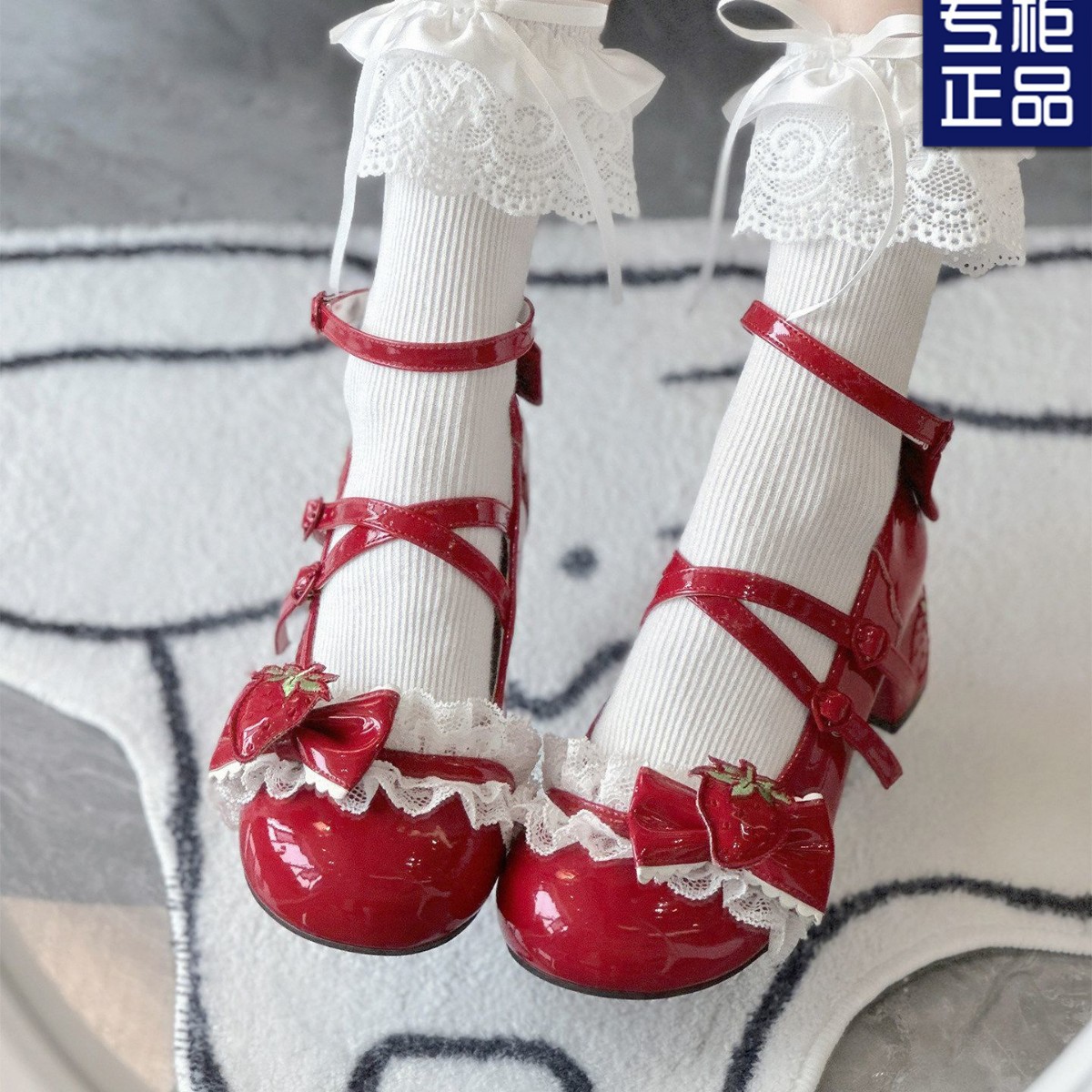 In Stock【Strawberry Jam】Yabi Rabbit Original Lolita Women's Shoes Japanese Style Cute Round-Toe Mid-Heel Bowknot Lo Shoes