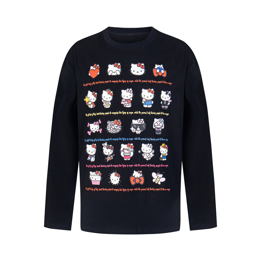 可爱凯蒂猫印花长袖T恤春秋男士设计感九宫格休闲打底衫上衣INS潮