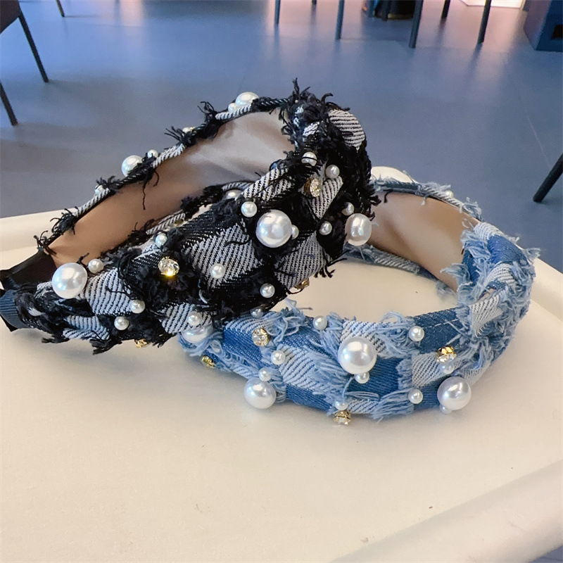 Lady Lattice Denim Inlay Artificial Pearls Hair Band display picture 3