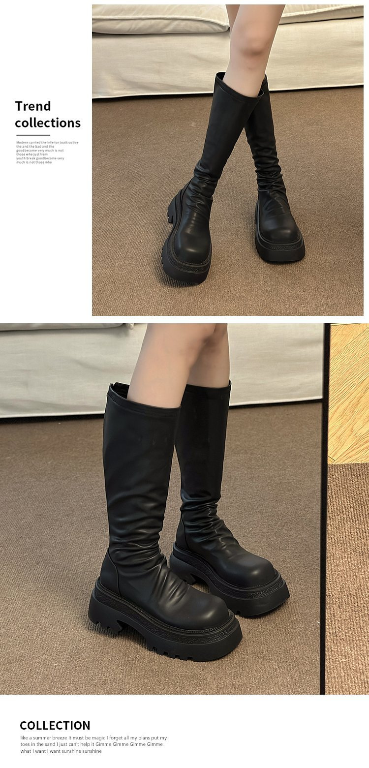 Moteriški storapadiai platforminiai aulinukai iki kelių 2023 m. rudens ir žiemos madingi klostuoti aulinukai iki kelių, ploni, elastingi aulinukai_voghion.com