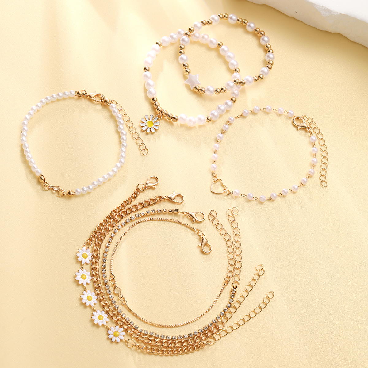 Layered Daisy Pearl Bracelet Set Women Bohemian Beach Jewellery_voghion.com