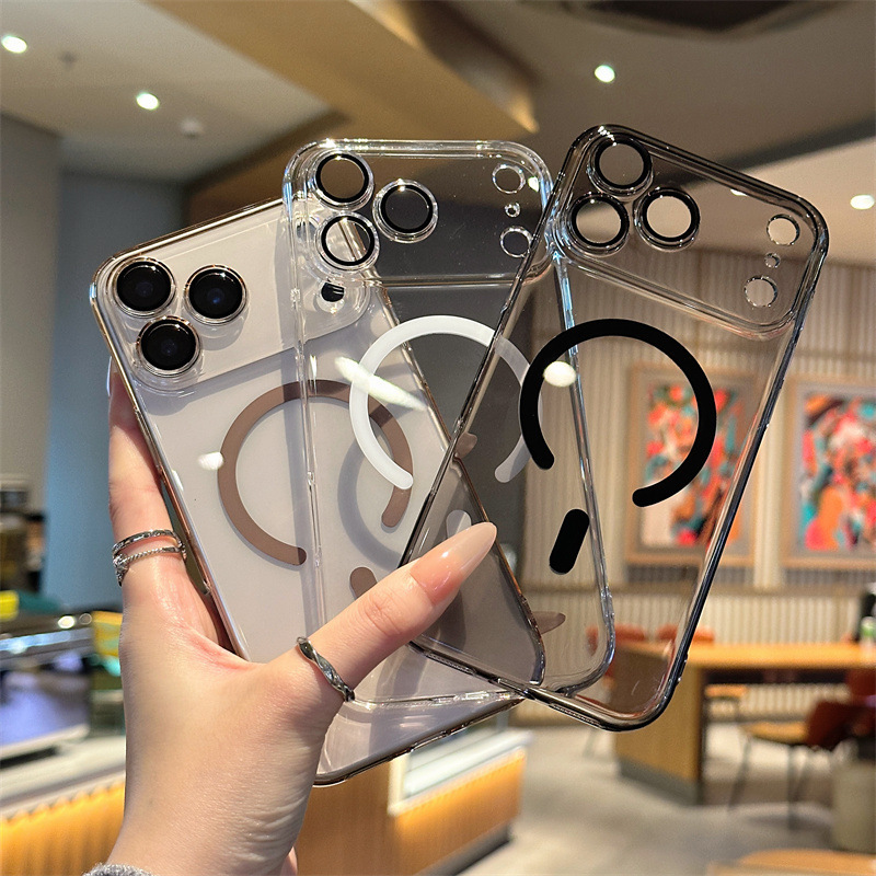 Suitable for Apple 17Promax Transparent Magnetic Phone Case with Lens Film Iphone16 Ultra-Thin Pc Protective Case 15