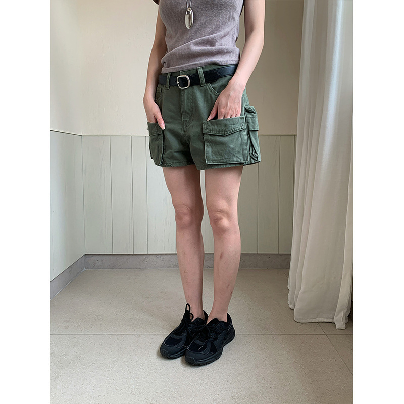 Yuyi American Retro Multi-Pocket Workwear Denim Shorts for Women, Summer Slim-Fit Straight Wide-Leg Hot Pants Cx2275
