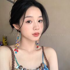 春の日は新しいです。カラービーズの長いタイプのフリンジイヤリングの女性のリゾート風は顔の小さい耳のフックのボヘミアンのイヤリングを見せます。